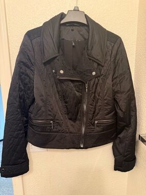 White House Black Market Black Quilted Bomber Jacket with Lace Detail